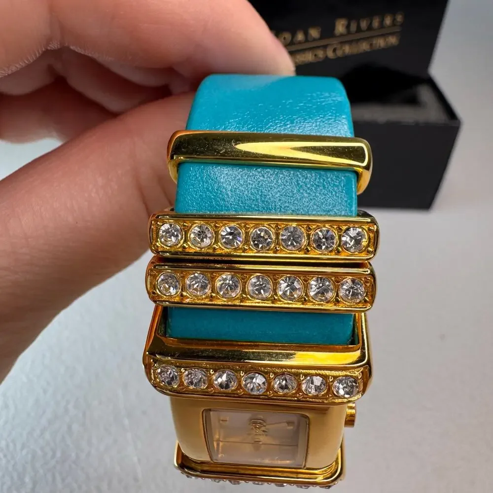 joan rivers classics turquoise leather crystal cuff watch gold tone quartz